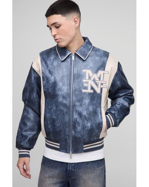 BoohooMAN Blue Boxy Man Badge Crinkle Pu Varsity Jacket for men