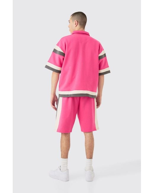 BoohooMAN Boxy Fit Varsity Shirt Short Tracksuit in Pink für Herren