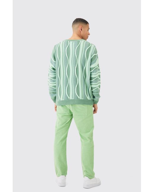 BoohooMAN Green Relaxed Tapered Cord Pants In Sage for men