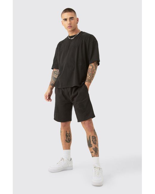 BoohooMAN Black Oversized Boxy All Over Heart Applique T-shirt & Shorts Set for men