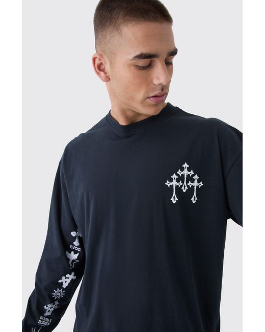 BoohooMAN Blue Oversized Cross Print Long Sleeve Print T-Shirt for men