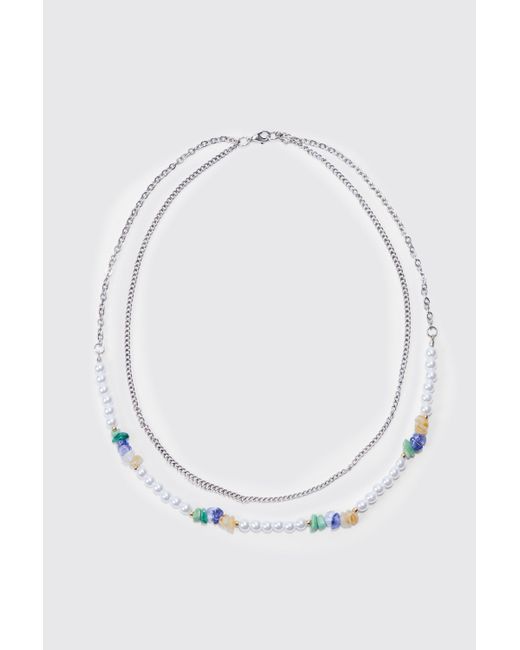 BoohooMAN White Multi Layer Beaded Necklace for men