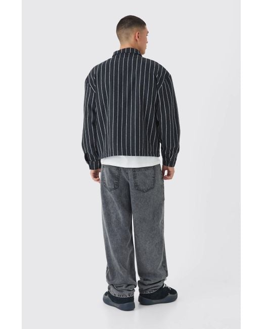 BoohooMAN Gray Oversized Pinstripe Applique Collared Overshirt for men