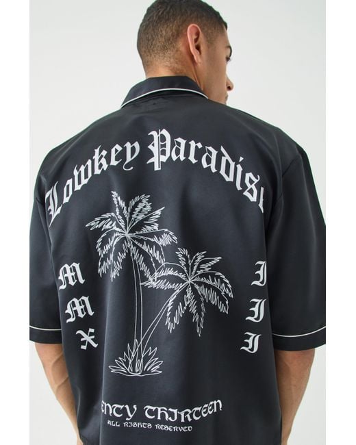 BoohooMAN Oversized Lowkey Paradise Satin Shirt in Black für Herren