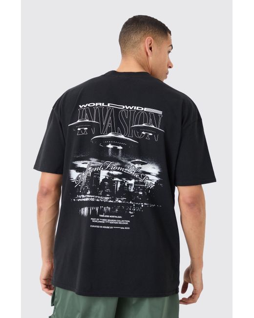 BoohooMAN Black Oversized Worldwide Spaceship T-shirt for men