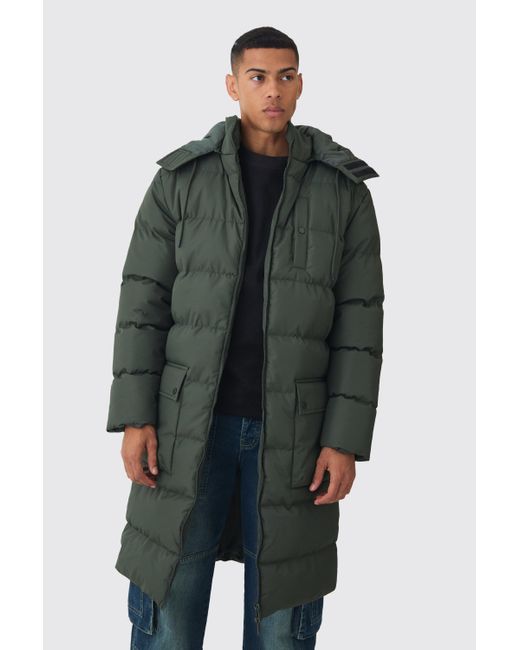 BoohooMAN Green Longline Hooded Puffer Coat for men