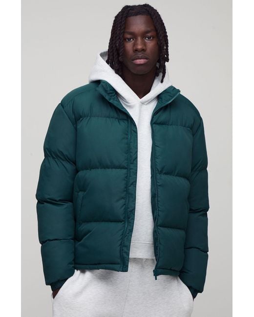 BoohooMAN Gray Funnel Neck Puffer Jacket In Khaki for men