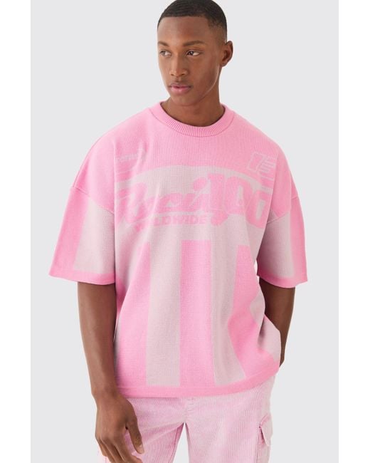 BoohooMAN Pink Oversized Moto Stripe Knitted T-shirt for men