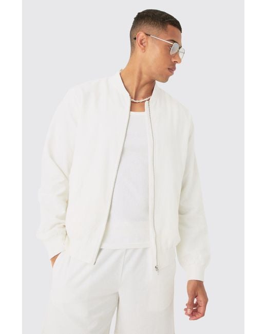 BoohooMAN White Linen Mix Smart Bomber Jacket for men