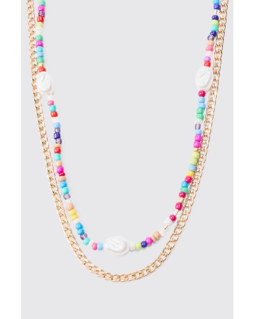 Boohoo White 2 Pack Multi Beaded Pearl Necklaces In Gold