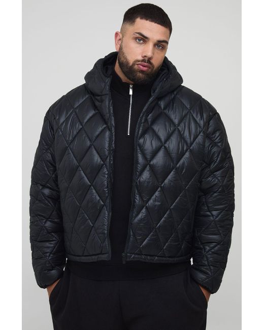 BoohooMAN Men's Blue Plus Oversized Boxy High Shine Quilted Hooded - Main Image