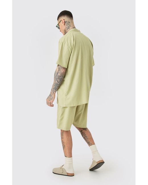BoohooMAN Green Tall Oversized Linen Drop Revere Shirt & Short Set In Sage for men