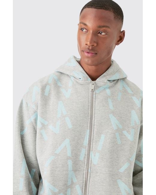 BoohooMAN Gray Oversized Boxy All Over Print Zip Hoodie Short Tracksuit for men