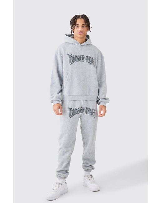 BoohooMAN Gray Oversized Boxy Bird Graphic Hooded Tracksuit for men
