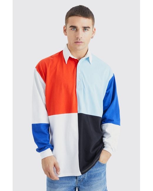 BoohooMAN Oversized Rugby Colour Block Polo in Red for Men | Lyst