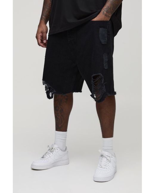 BoohooMAN Black Plus Relaxed Ripped Gusset Denim Shorts for men