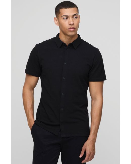BoohooMAN Black Slim Fit Pique Button Down Collar Jersey Shirt for men