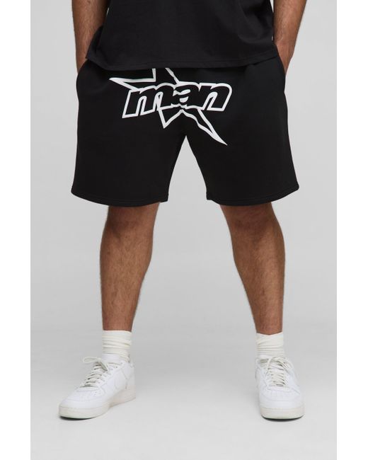 BoohooMAN Plus lockere Jersey-Shorts mit Man Stern Print in Black für Herren