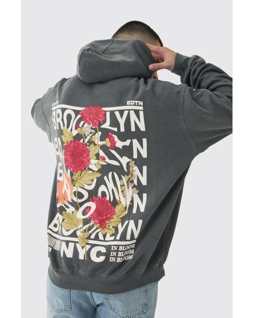 BoohooMAN Gray Tall Brooklyn Oversized Graphic Hoodie for men