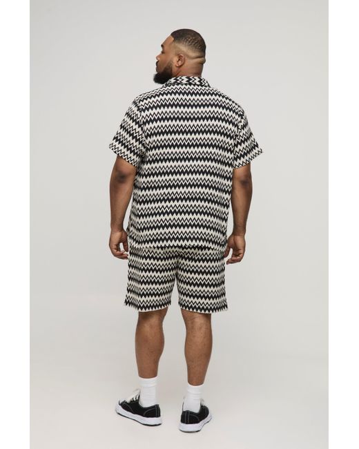 BoohooMAN Gray Plus Regular Fit Crochet Open Weave Shirt & Short Set for men