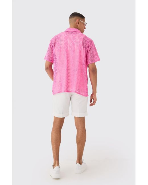 BoohooMAN Pink Boxy Crochet Look Shirt for men