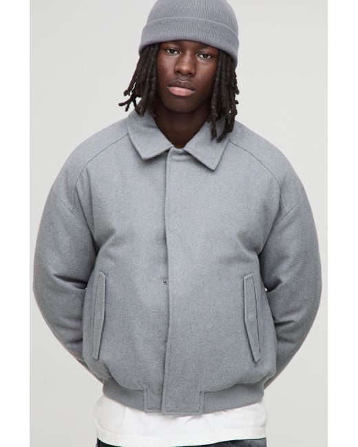 Regular Fit Melton Mono Padded Collared Bomber Jacket Boohoo de color Gray
