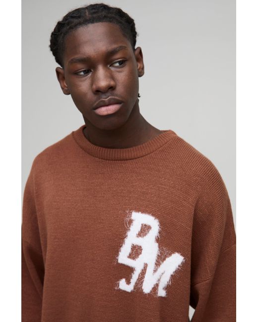 BoohooMAN Brown Boxy Fit Fluffy Bm Knitted Sweater And Shorts Set for men