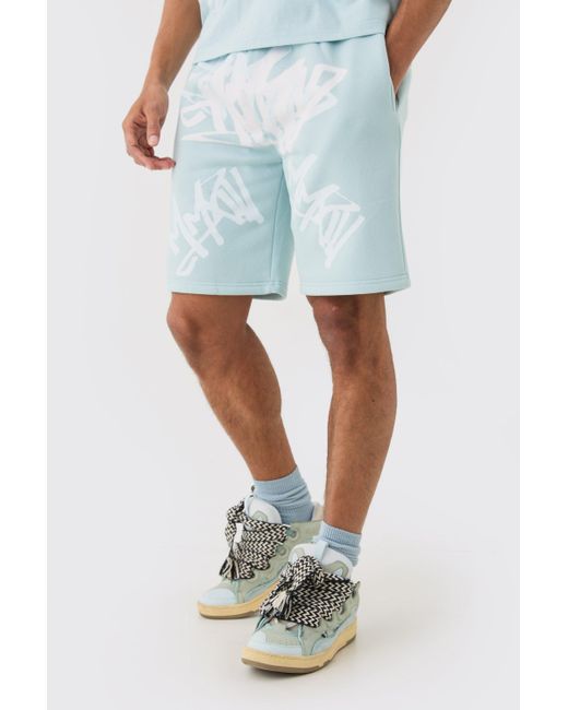 BoohooMAN Blue Loose Fit Graffiti Printed Jersey Shorts for men