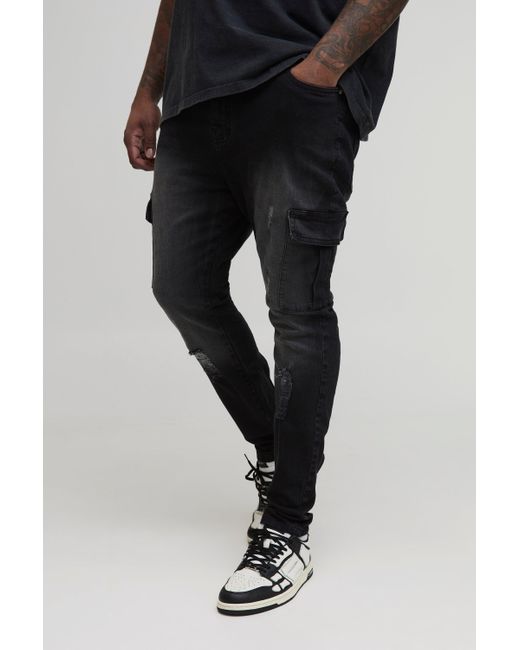 BoohooMAN Black Plus Distressed Super Skinny Cargo Jeans for men
