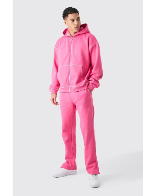 BoohooMAN Pink Oversized Contrast Stitch Zip Through Hooded Tracksuit for men