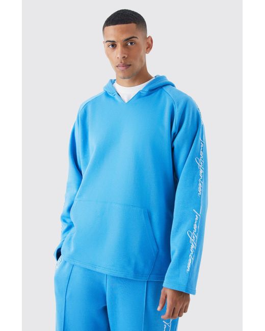 BoohooMAN Blue Oversized Raw Edge Script Embroidered Hoodie for men