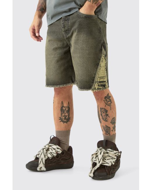 BoohooMAN Green Relaxed Rigid Extreme Side Ripped Denim Short In Antique Grey for men
