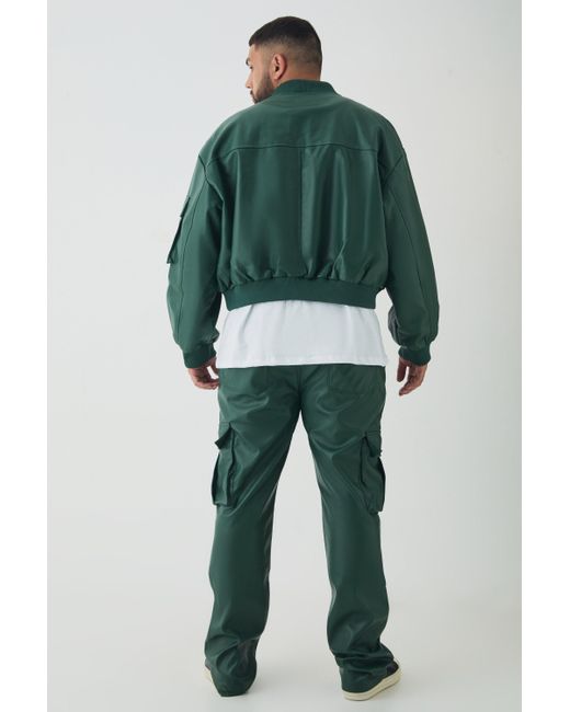 BoohooMAN Green Plus Pu Cargo Stacked Flared Pants for men