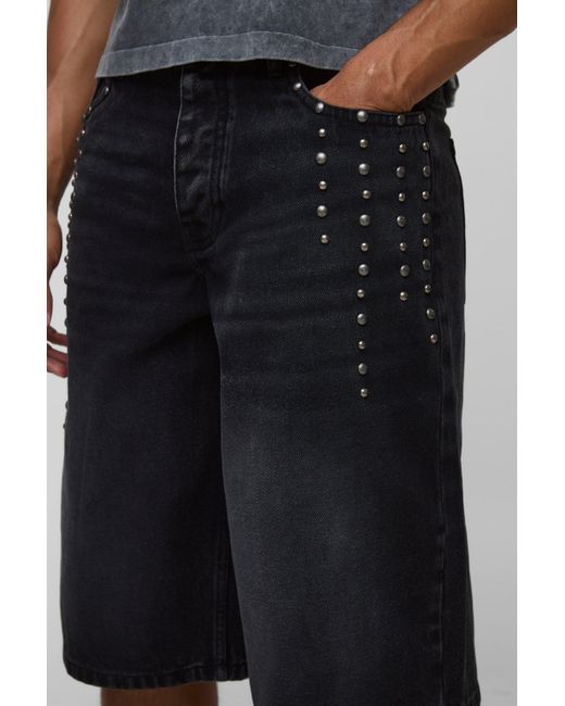 Studded Rigid Denim Longline Jorts Boohoo de color Black