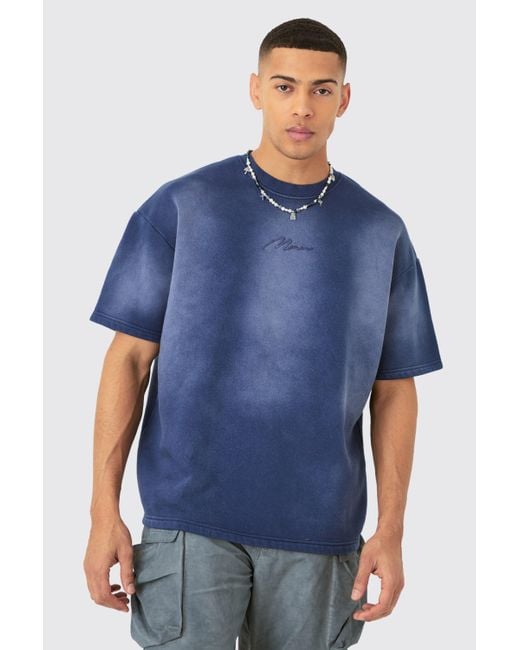 BoohooMAN Blue Oversized Half Sleeve Sun Bleach Sweatshirt for men