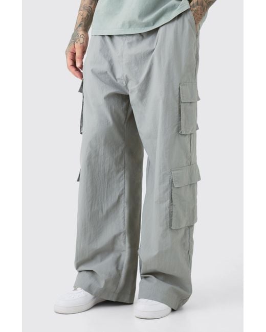 BoohooMAN Gray Tall Multi Pocket Parachute Pants for men