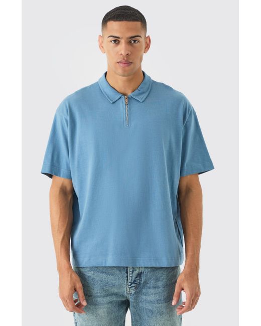 Boohoo Blue Oversized Heavy Zip Neck Polo