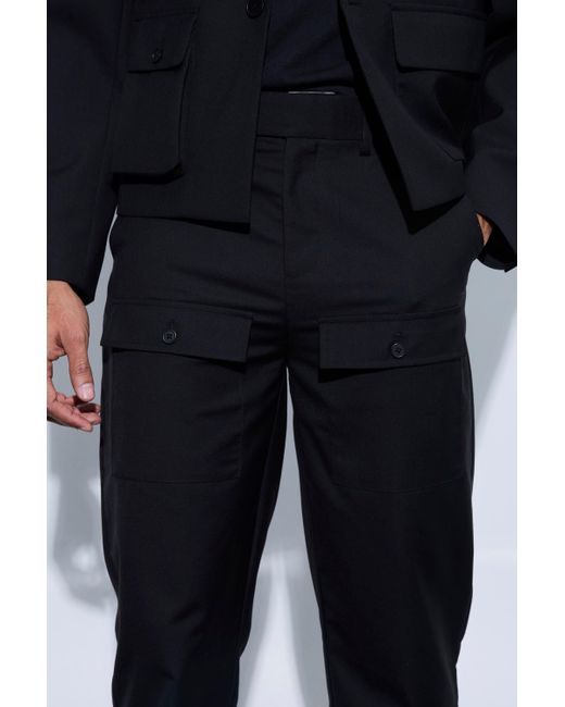 BoohooMAN Black Straight Fit Tailored Cargo Trousers for men
