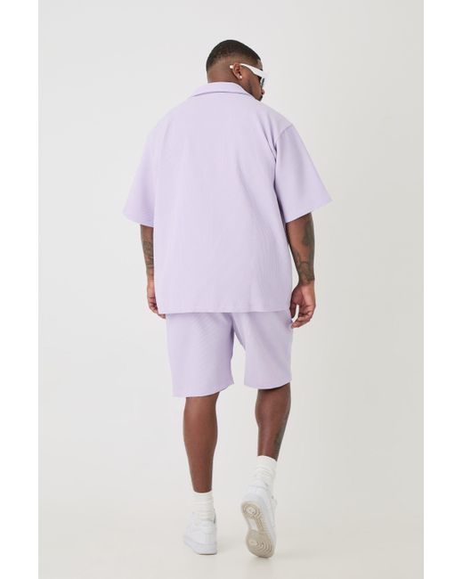 Boohoo Purple Plus Drop Revere Pleated Shirt & Short In Lilac