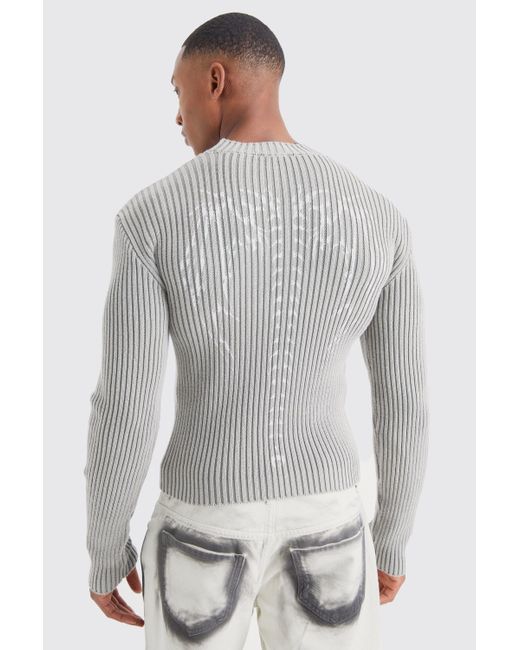 BoohooMAN Gray Muscle Fit Ribbed Acid Wash Knit Jumper for men