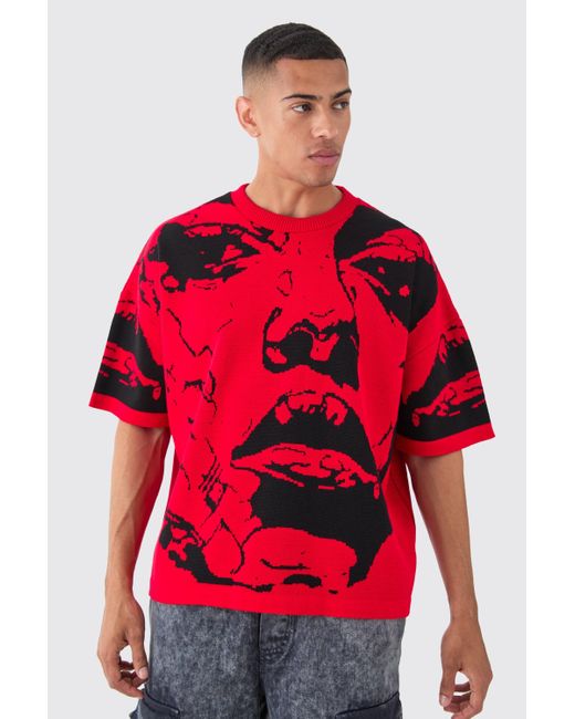BoohooMAN Red Oversized Line Drawing Knitted T-shirt for men