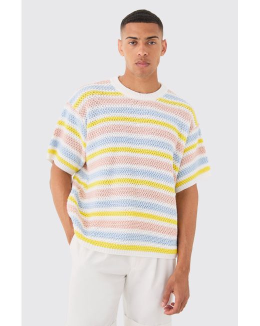 BoohooMAN Oversized Stripe Knitted T-shirt In White for men