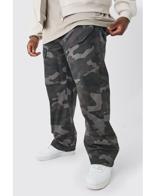BoohooMAN Gray Plus Fixed Waist Relaxed Asymetric Camo Cargo Twill Trouser for men