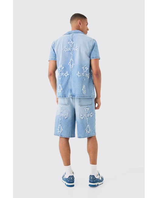 BoohooMAN Distressed Cross Applique Denim Revere Shirt In Light Blue for men