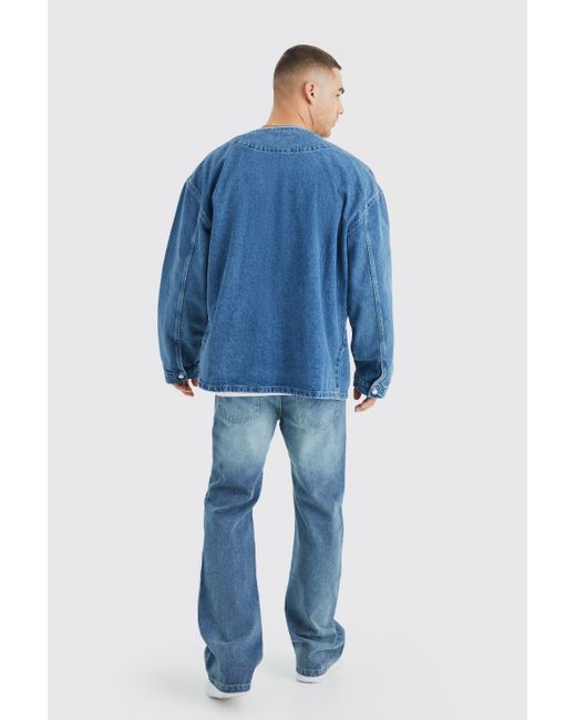 BoohooMAN Blue Long Sleeve Denim Baseball Shirt for men