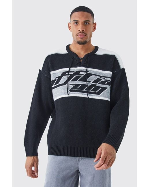 BoohooMAN Black Tall Oversized Knitted Hockey Top With Tie Detail for men