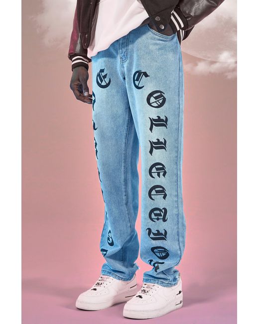 BoohooMAN Relaxed-Fit Jeans mit Text-Print in Blau für Herren | Lyst DE