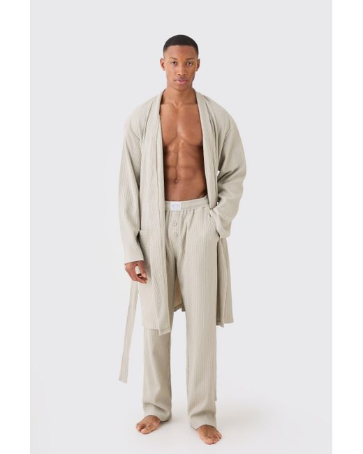 BoohooMAN Natural Waffle Robe & Relaxed Fit Bottoms In Stone for men