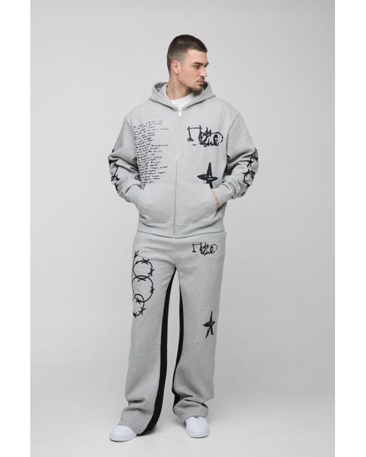 BoohooMAN Gray Tall Oversized Multi Placement Graffiti Zip Through Gusset Hooded Tracksuit for men