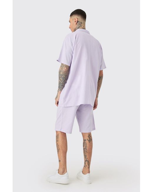 BoohooMAN Purple Tall Oversized Linen Drop Revere Shirt & Short Set In Lilac for men